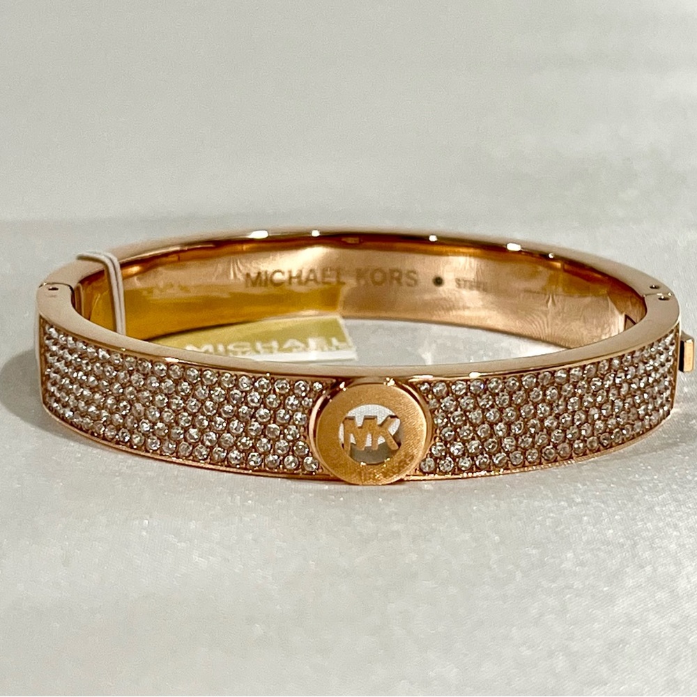 Nwt - MICHAEL Michael Kors Rose Gold Tone Brilliance Pave Hinged Bangle Bracelet